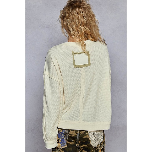 POL Cream Peace Patch Vintage Washed Waffle Knit Top Relaxed Fit - Picture 6 of 10